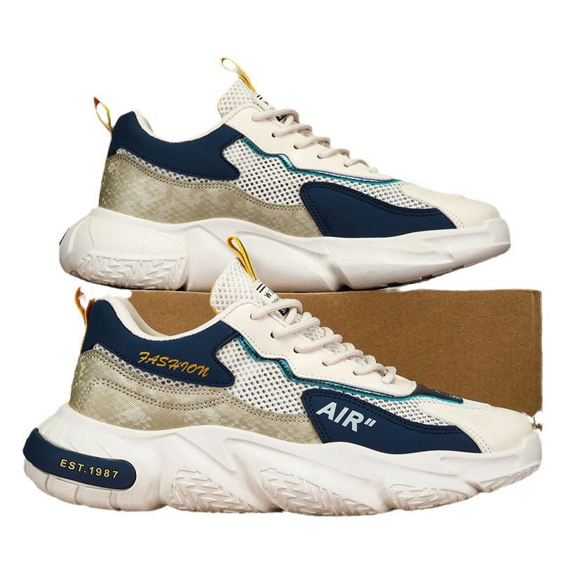 Men's winter 2025 new mesh hollow-out breathable anti-odor height-increasing versatile hong kong style chunky sole dad shoes trendy sneakers for men