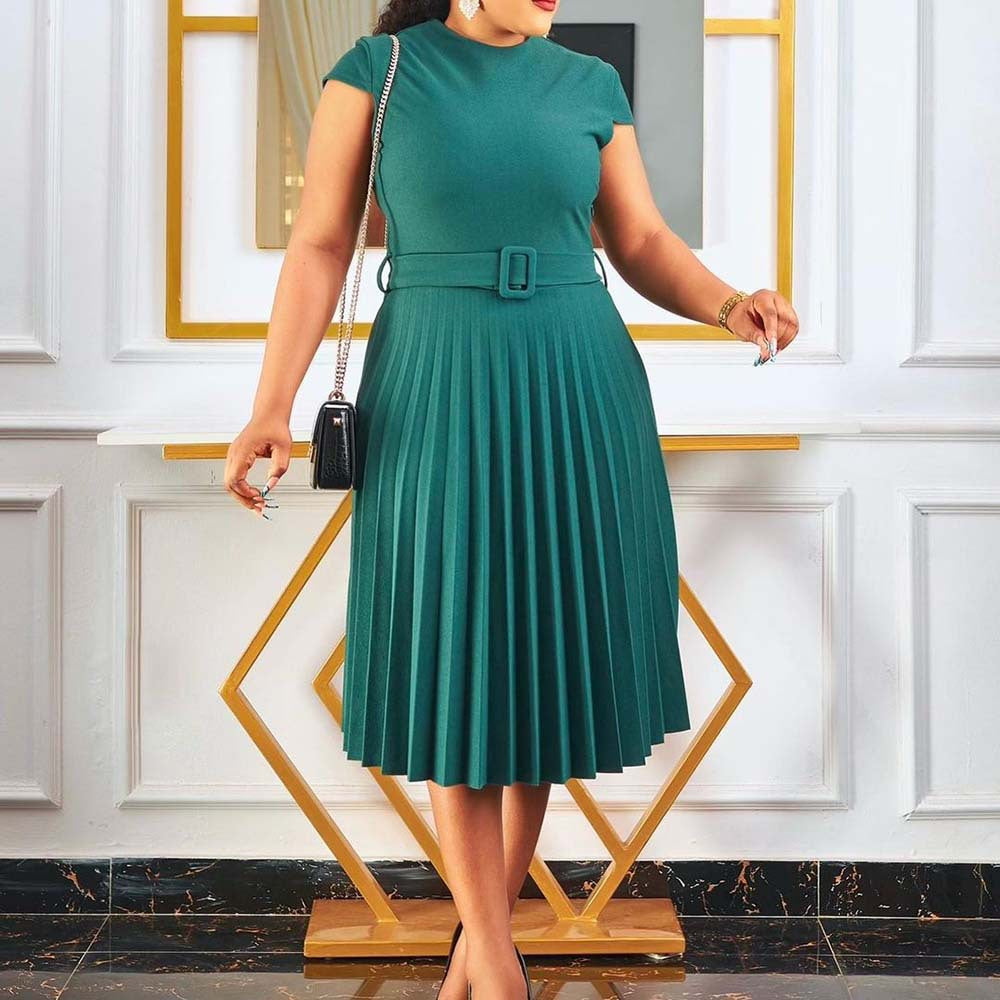 D3116 cross-border e-commerce  summer short-sleeve solid color fashion tie-waist pleated slim-fit european and american style dress