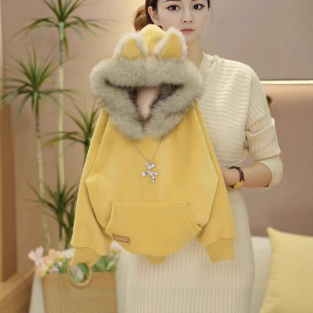 Processing personalized youthwinterfleece-linedthickened hooded sweatshirtgirltrendy fox style fur collar single tops