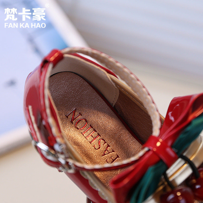 Vancahao kids chunky heel round toe mary jane leather shoes  new girls' cute bow princess shoes