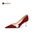 Pearl red wedding shoes! niche style elegant suede bridal xiuhe shoes engagement dinner with cheongsam bridesmaid high heels