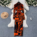 European and american style women's dress  new slimming fashionable printed high neck slit long knitted evening gown