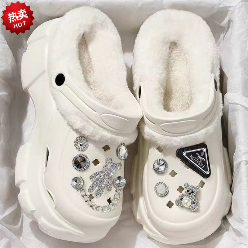 2024 cartoon cotton slippers for girls, new autumn/winter thick-soled, height-increasing, non-slip, two-wear style, fleece-lined warm fuzzy clogs