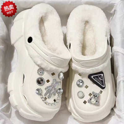 2024 cartoon cotton slippers for girls, new autumn/winter thick-soled, height-increasing, non-slip, two-wear style, fleece-lined warm fuzzy clogs