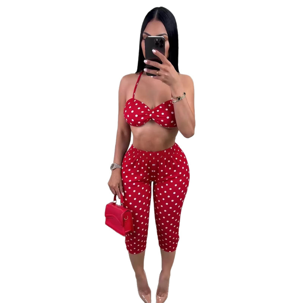 Fashion cross-border new arrival women's fashion spot printing sexy suspender tops waist-length hip-lifting 7-point pants suit for women