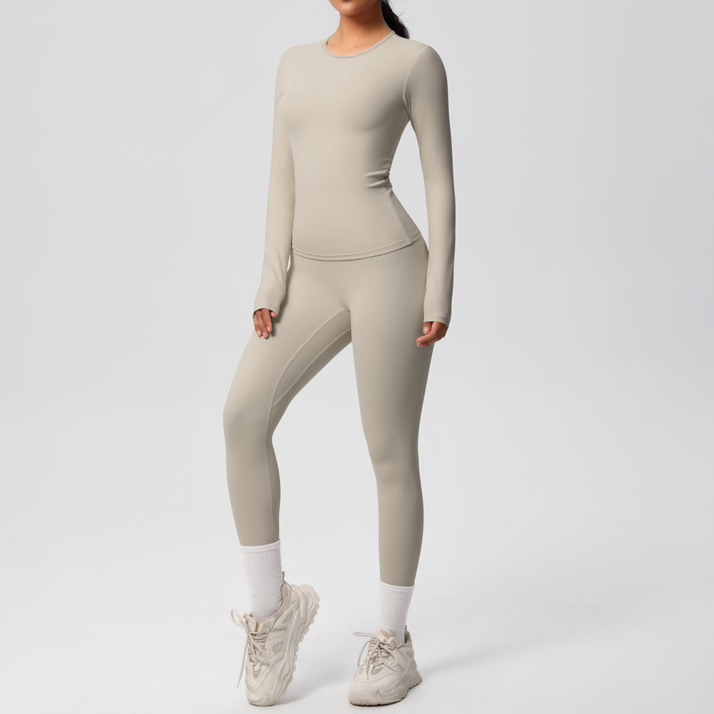 Ready-to-ship cross-border double-sided brushed solid color compression training long sleeve yoga set - activewear running fitness two-piece outfit