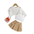 summer new girls' mesh long-sleeve top + cropped tank top + pleated skirt three-piece set - in stock