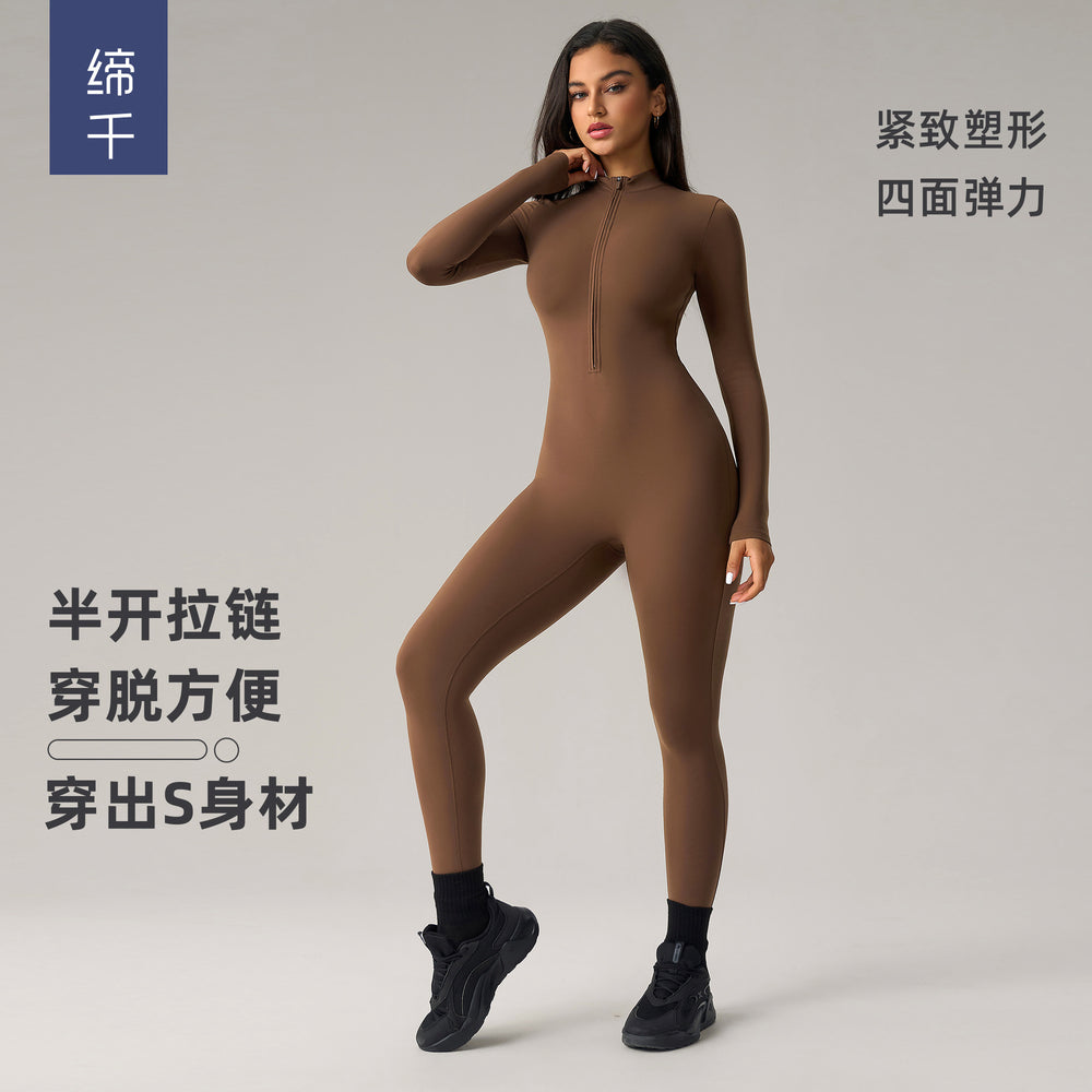European and american high-stretch bodysuit yoga outfit - half-zip long sleeve workout suit - peach lift butt yoga leggings dlt002