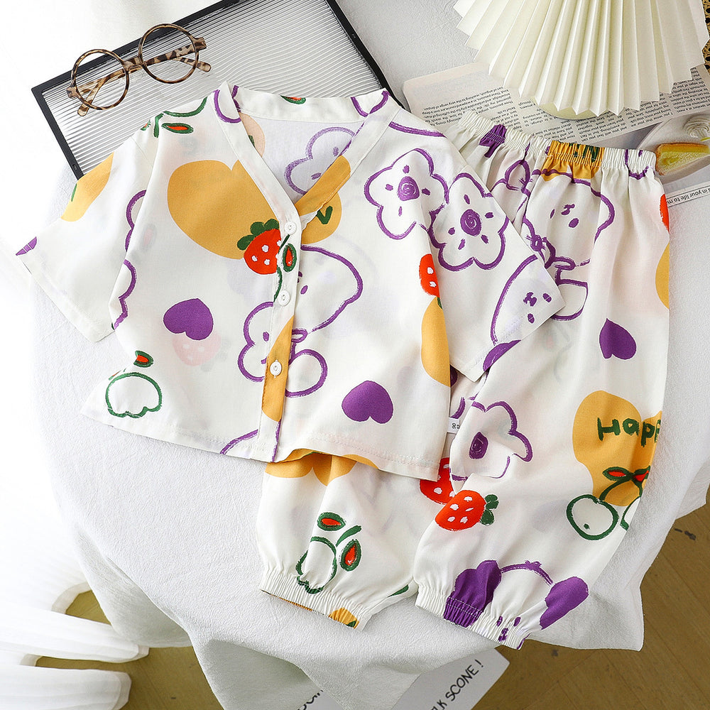 Kids' cotton linen pajama set - summer boys' and girls' sleepwear - rayon two-piece set - cotton linen air conditioning suit - children's clothing