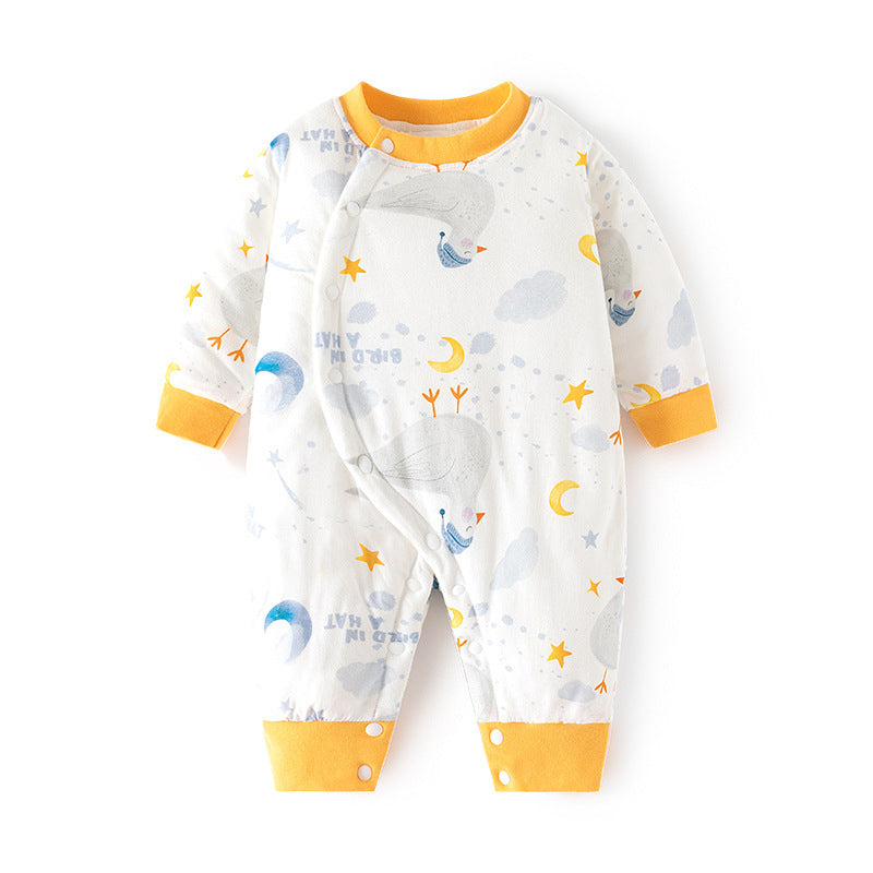 Babibele cotton jumpsuit for infants and young children 120g quilted fall and winter boneless khaki thin cotton thickened partial placket romper
