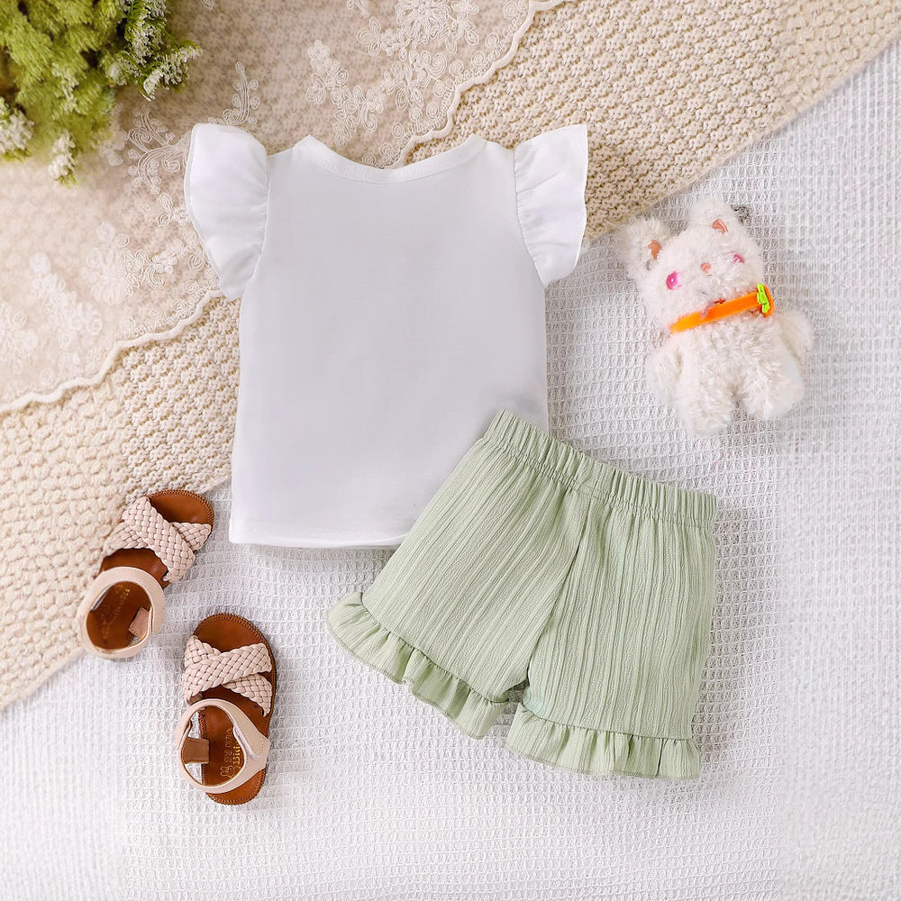 Children's clothing  fashion children's clothing kitten pattern white t-shirt + green shorts for women