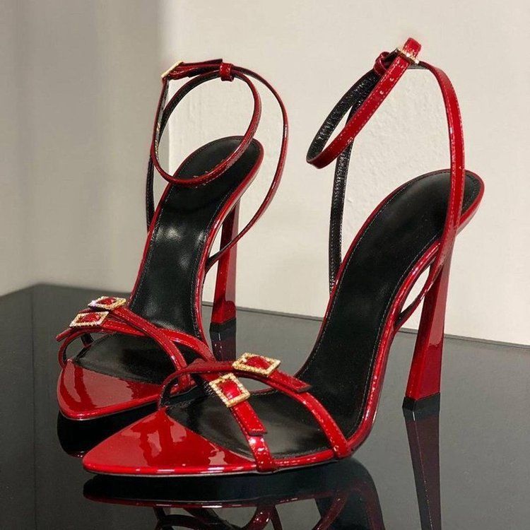 European and american  new arrival: women's square-toe, metal-embellished, single-strap, open-toe sandals with high heels - roman style