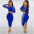 C7100 cross-border e-commerce   fashion women's sexy rhinestone long sleeve skirt two-piece set