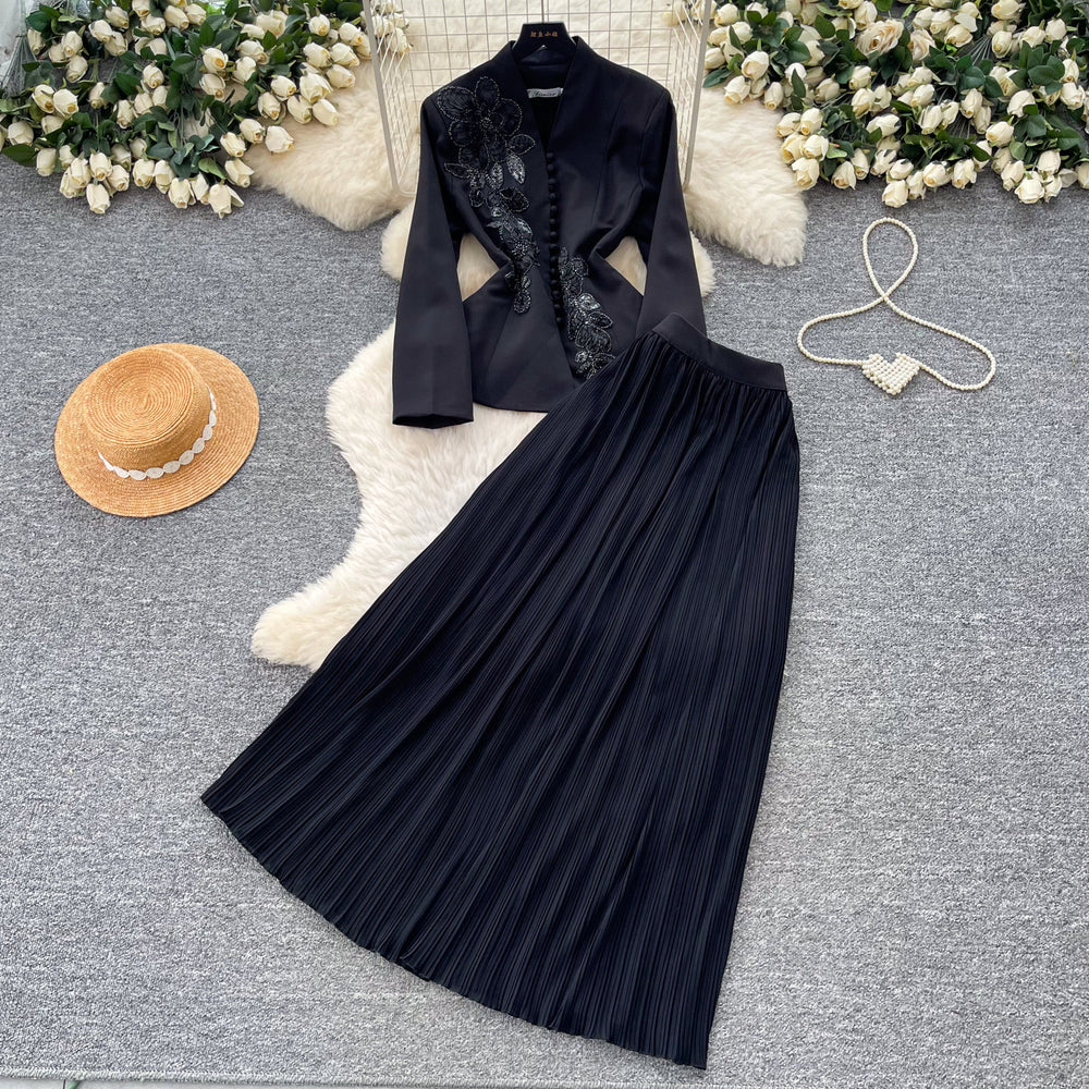 French chic v-neck embroidered jacket & high-waisted pleated skirt set - slimming, elegant, and stylish two-piece outfit for spring and autumn