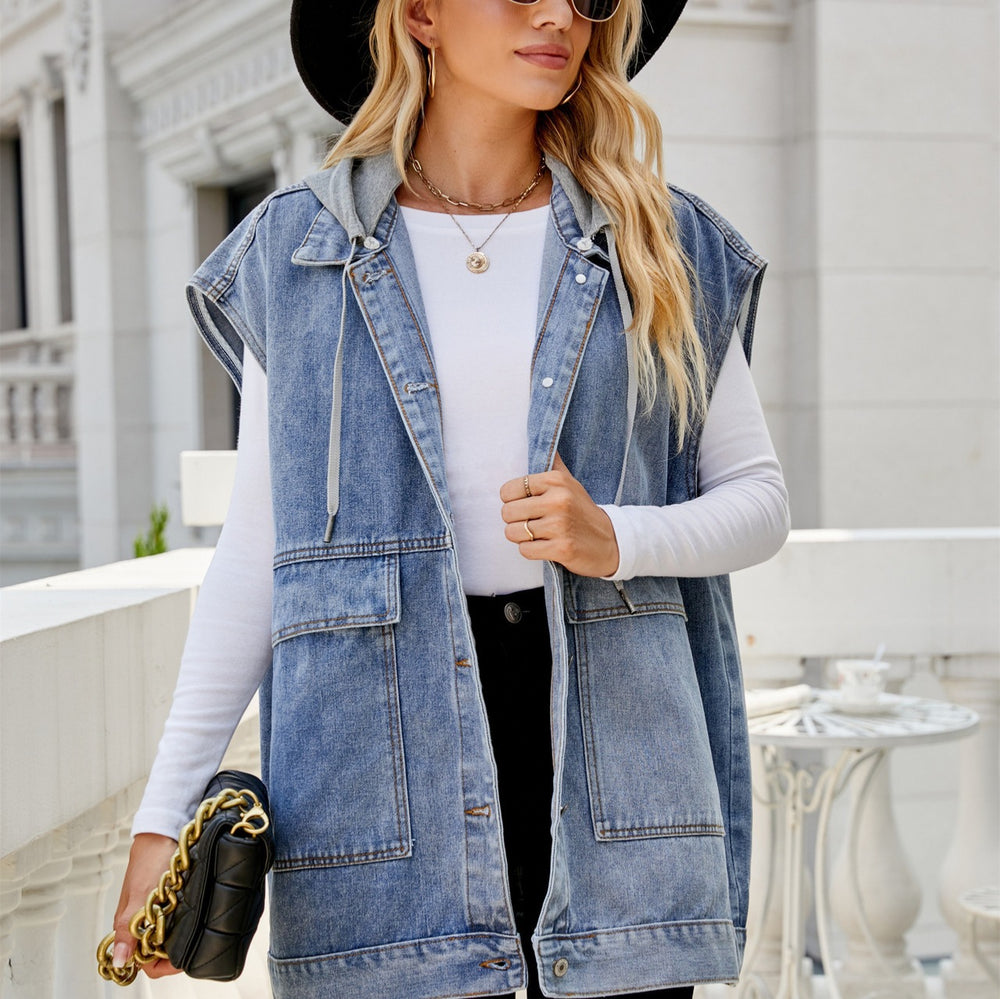 new arrival denim vest waistcoat women's fashiontrendy denim sleeveless vest hooded detachable