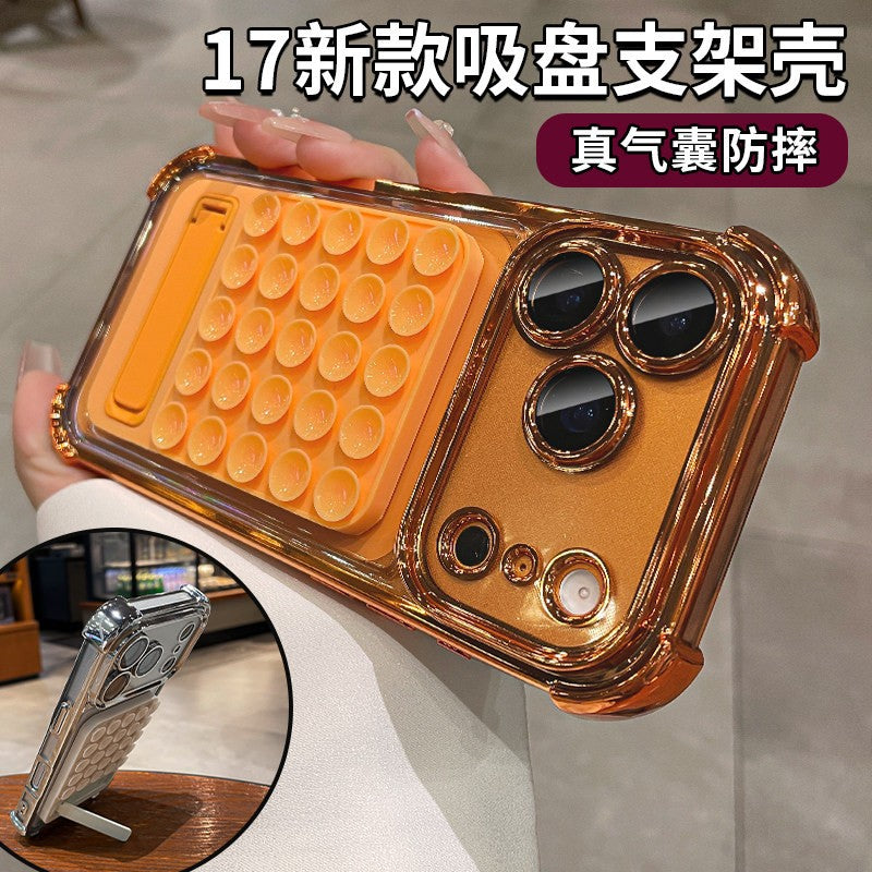 Suitable for iphone 17 pro max phone case, electroplated four-corner shockproof silicone suction cup kickstand case, also compatible with iphone 16