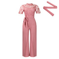 D509 european and american style  sexy lace trim cutout short sleeve tie-up high waist wide leg jumpsuit - wholesale