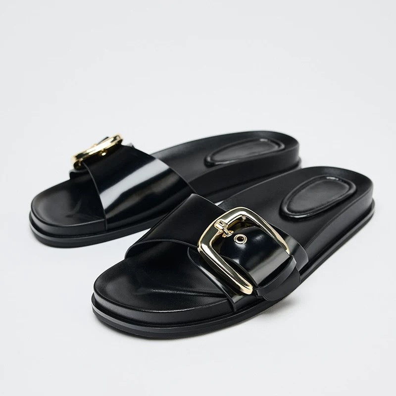 Spain 2025 spring/summer new women's one-strap sandals & slippers - versatile leather buckle detail, casual low heel, flat women's shoes