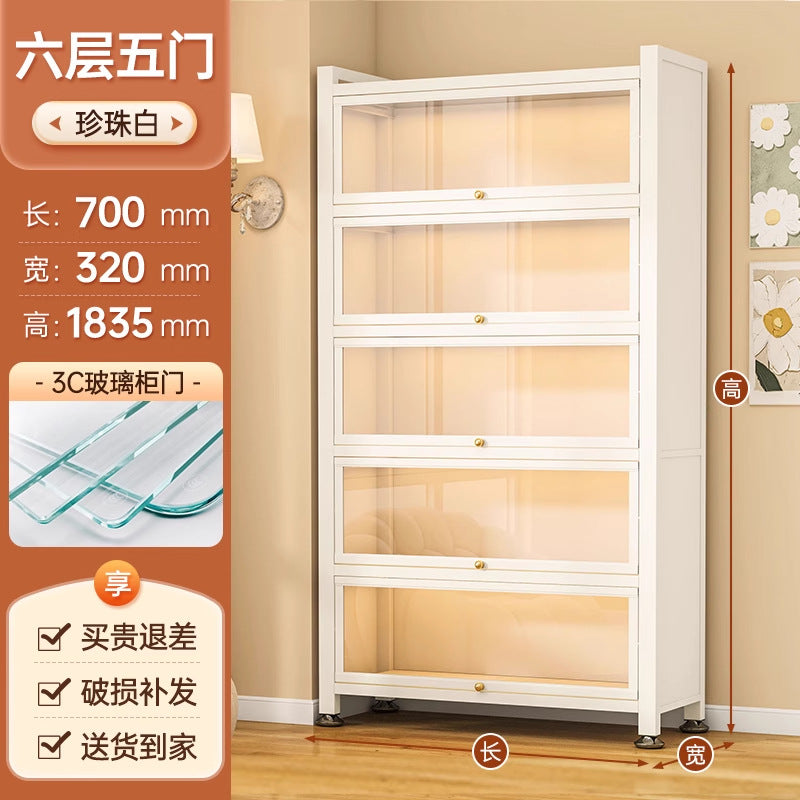 Steel bookcase glass door bookshelf for home living room storage cabinet floor-standing dust-proof figure display cabinet iron storage rack