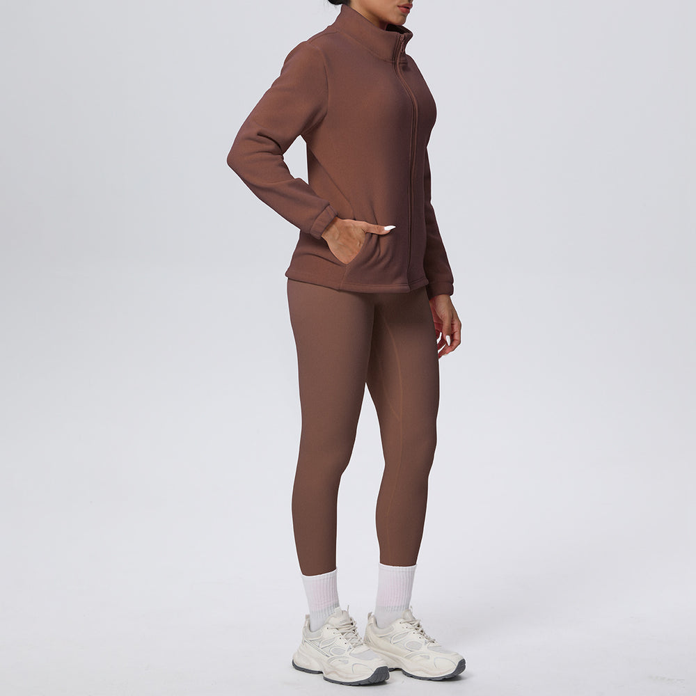 New arrival: solid color fleece-lined stand collar zip-up jacket and pants yoga set - two-piece activewear for running and fitness