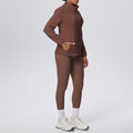 New arrival: solid color fleece-lined stand collar zip-up jacket and pants yoga set - two-piece activewear for running and fitness