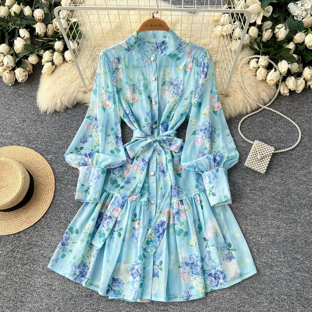 French style stand collar lantern sleeve printed dress - women's summer korean style slimming a-line ruffle skirt