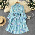 French style stand collar lantern sleeve printed dress - women's summer korean style slimming a-line ruffle skirt