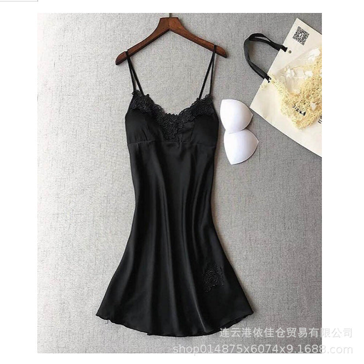 New european and american style faux silk black loungewear two-piece set - fashionable and comfortable lace trim pajama set