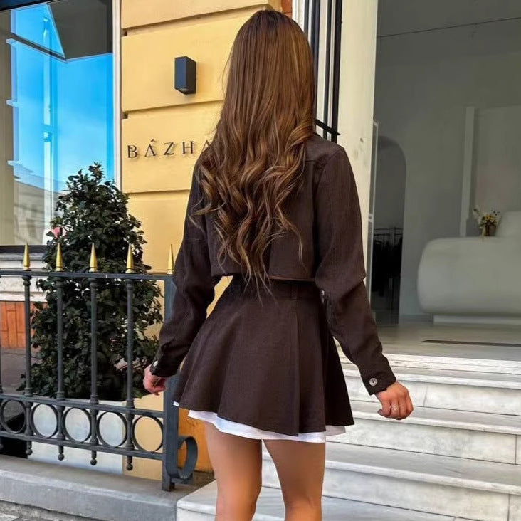 Cross-border European and American women's clothing temperament foreign style long-sleeved cardigan color matching shirt women's  fashion skirt two-piece set