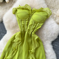 Vacation-ready dress:  summer french-inspired sexy bandeau dress - slimming, high-waisted, slit, ruffle-trimmed, asymmetrical maxi dress