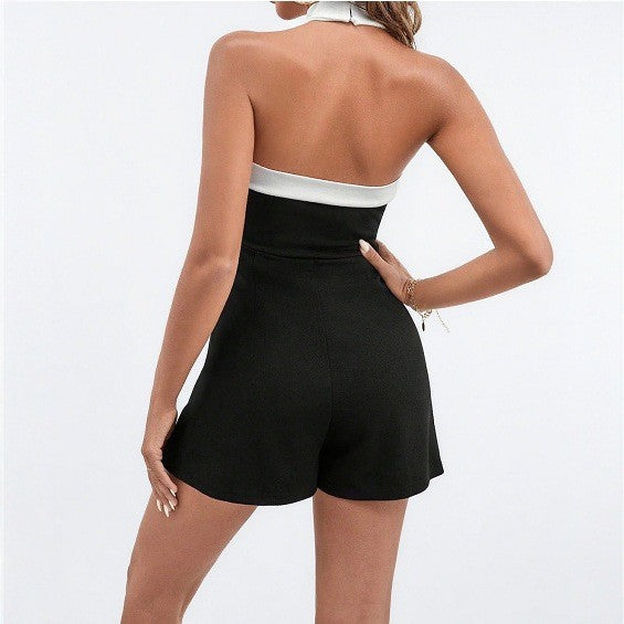 Pre-sale  contrasting trim neck backless onesie new women's clothing black and white contrasting color solid color backless onesie shorts