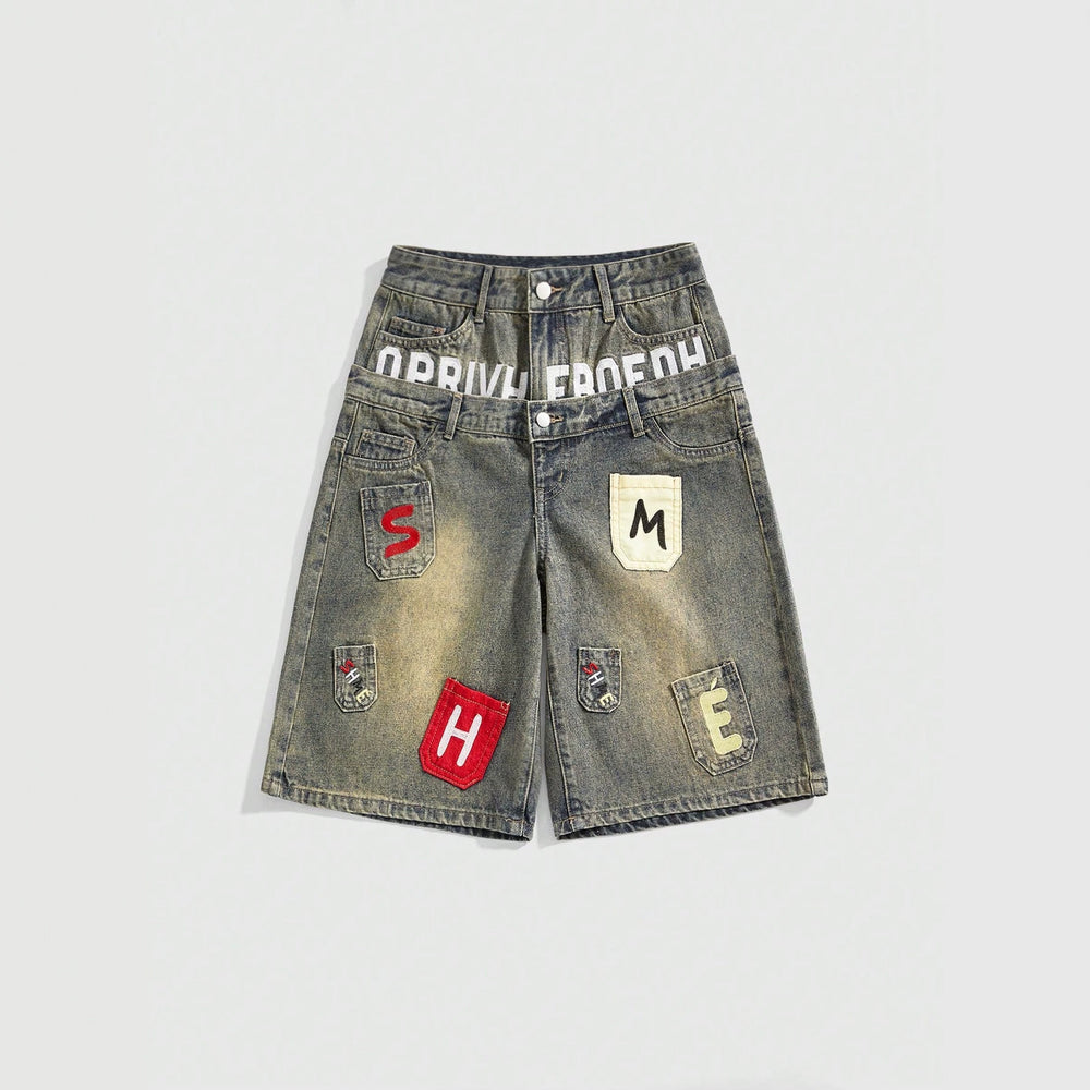 European and american style women's denim shorts - vintage american retro letter patch double-layer waistband loose fit streetwear hip-hop denim shorts