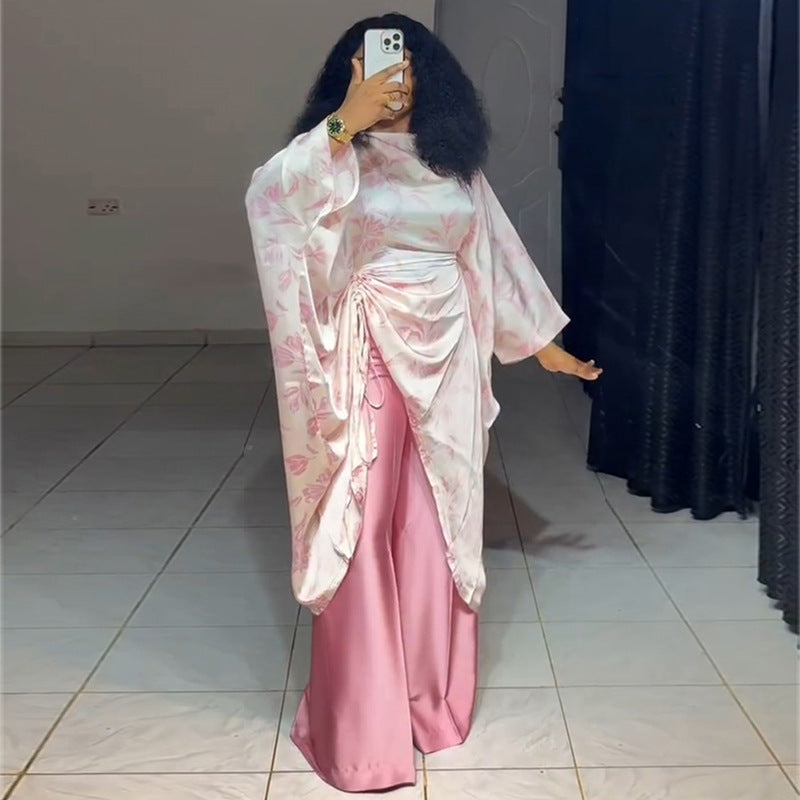 European and american style women's clothing  autumn new collection: sweet and fresh printed round neck batwing sleeve blouse and high-waisted straight-leg pants two-piece set