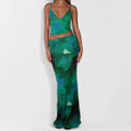 european and american cross-border women's fashion: new autumn casual versatile printed v-neck tank top and maxi skirt set