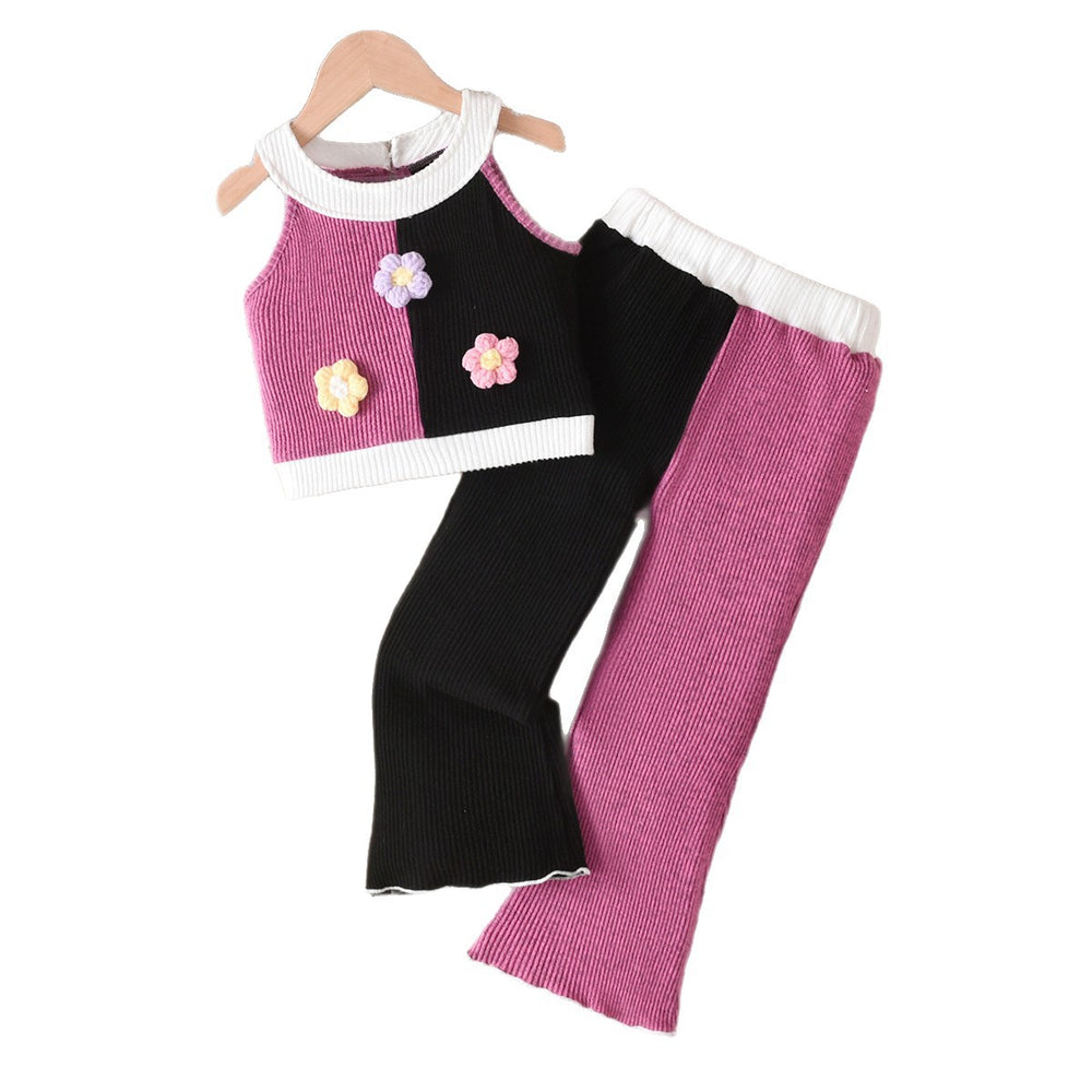 Girls' summer outfit: pink & black color block floral tank top and flare pants - cute & casual two-piece set for kids