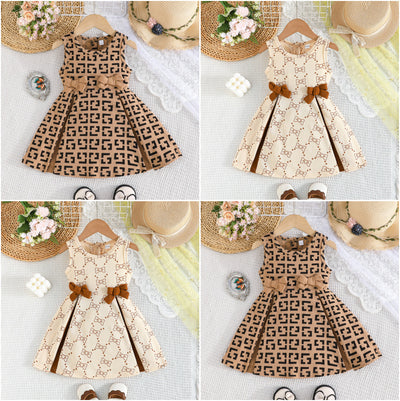 european and american girls' fashion geometric pattern sleeveless dress with bow detail - direct from the manufacturer