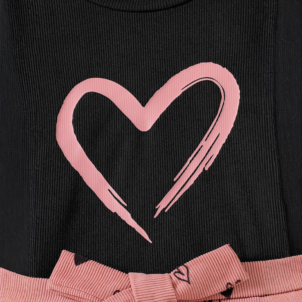 spring/autumn casual new style girls' bubble sleeve printed top + heart-shaped a-line skirt set