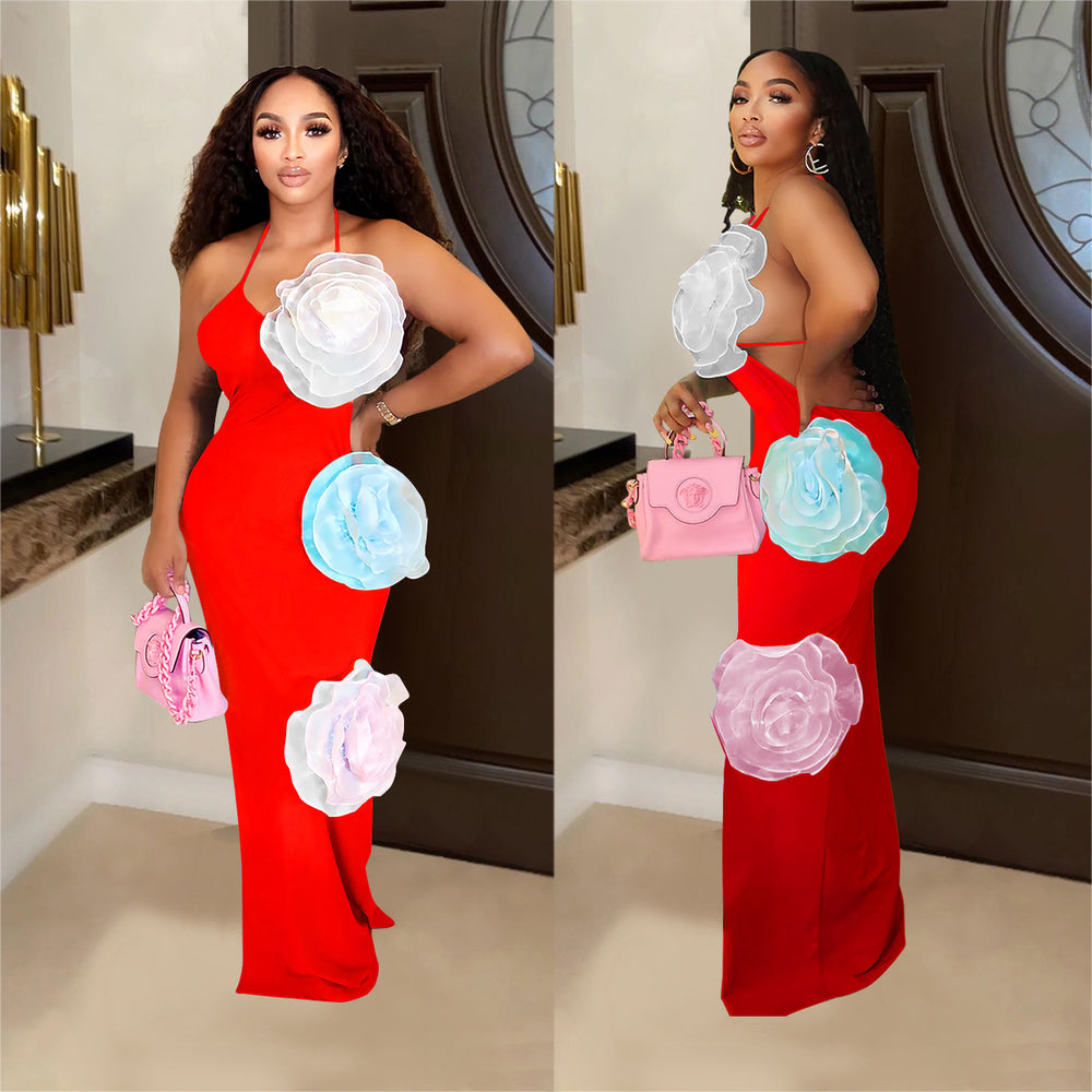 C7048 cross-border   independent station fashion women's solid color floral dress long dress new