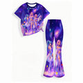 Girl's two-piece set featuring a short-sleeved top and long, flared pants. cute, playful, and lively style with a unique design