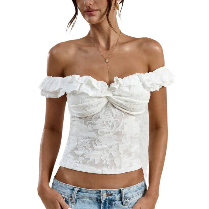 Women's white lace off-the-shoulder backless ruffle twist knot crop top, women's summer fashion apparel