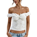 Women's white lace off-the-shoulder backless ruffle twist knot crop top, women's summer fashion apparel