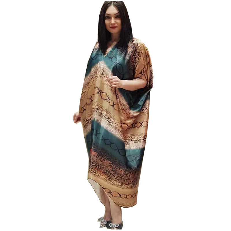 Faux silk printed loose fit plus size women's african style batwing sleeve maxi dress