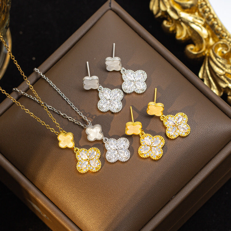 [set] cross-border fashion elegant light luxury full zirconium sweater chain exquisite copper micro-embedded earrings necklace jewelry combination