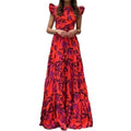 cross-border e-commerce european and american women's clothing: new summer collection - fashionable and elegant printed flutter sleeve high-waisted dress 661
