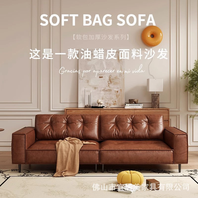 Italian normcore oil wax leather sofa medieval style small apartment living room sofa accessible luxury three or four-person row sofa