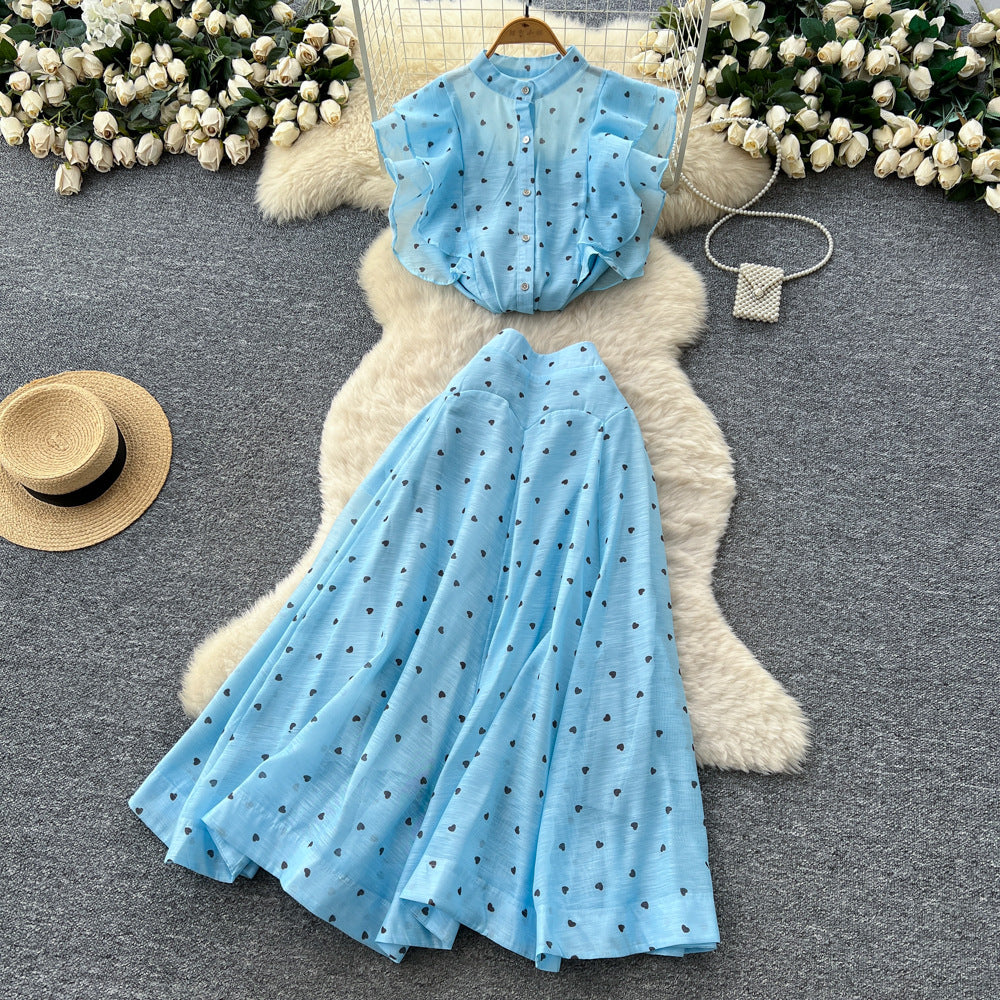 French chic two-piece set: women's gentle style round neck ruffle trim heart print top + high-waisted flared midi skirt