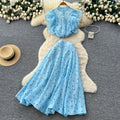 French chic two-piece set: women's gentle style round neck ruffle trim heart print top + high-waisted flared midi skirt
