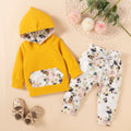 European and american style cross-border autumn/winter girls' hooded color block pocket long sleeve sweatshirt and floral print pants set for toddlers and young children