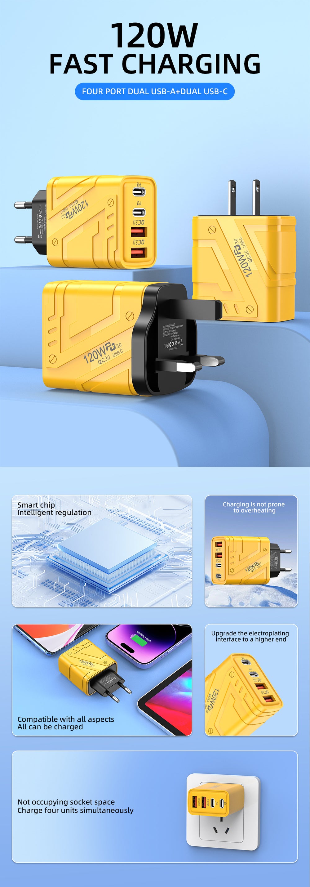 Mecha-style phone charger, 3-usb + pd multi-port charger head, 1200w, compatible with apple and android phones