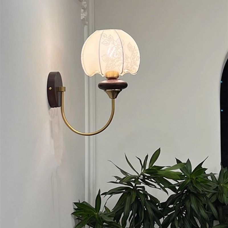 French medieval wall lamp bedroom bedside lamp american retro pattern fabric living room solid wood background wall lamp